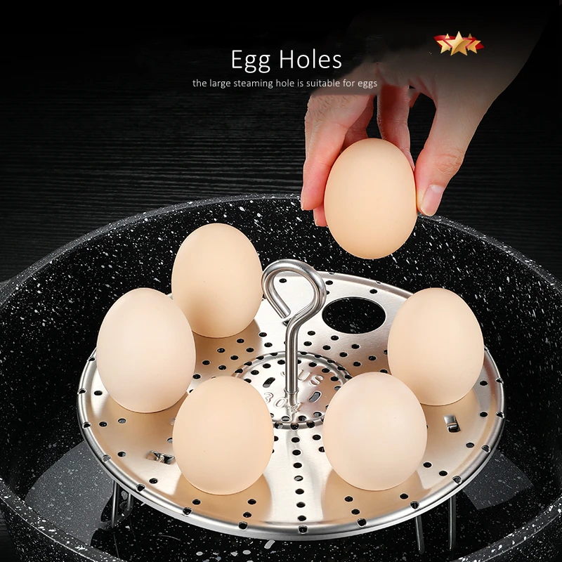 LFGB Certified Pure 304 Stainless Steel Kitchen Egg Steamer Original Designed Large Holes Steaming Rack with Foldable Stands - Image 4