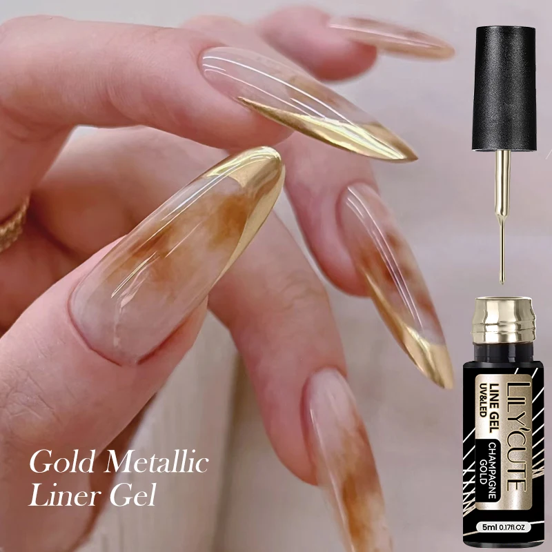 LILYCUTE 5ml Champagne Chrome Gold Metallic Liner Gel Polish Super-Bright Mirror Effect French Style Drawing Line Nail Art Gel