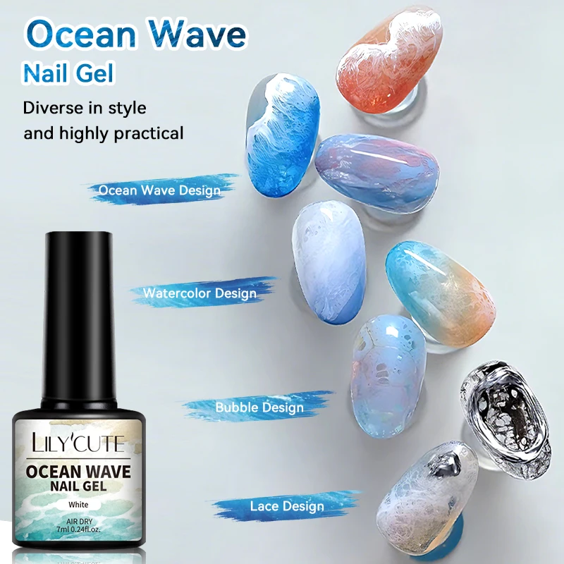 LILYCUTE 7ml Ocean Wave Gel Nail Polish White Watercolor Nail Poke Lace Hollow Gradient Varnish Soak Off Nail Art Design - Image 4