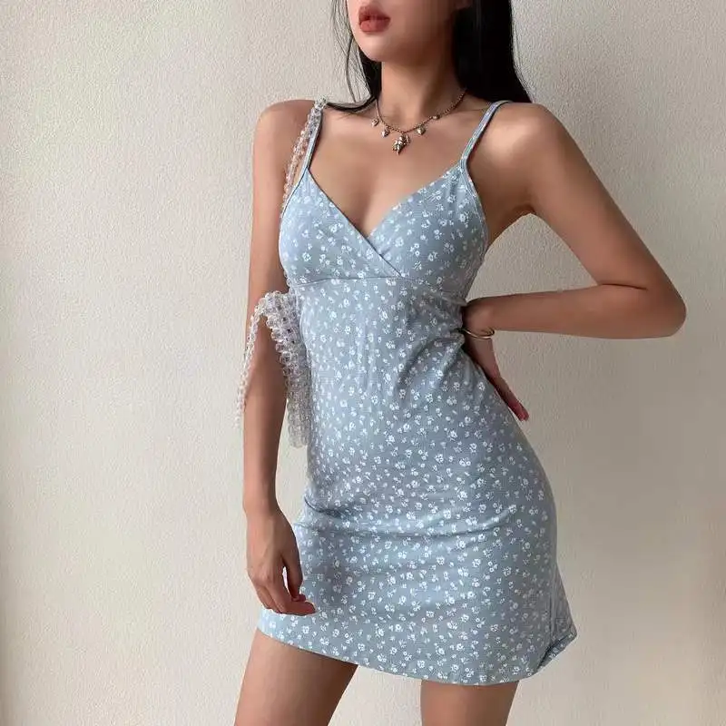 Lady Floral Spaghetti Strap Dress Woman Summer V-Neck Printed Dress Casual Spaghetti Strap Dress Girl Women Wearable Short Dress - Image 5
