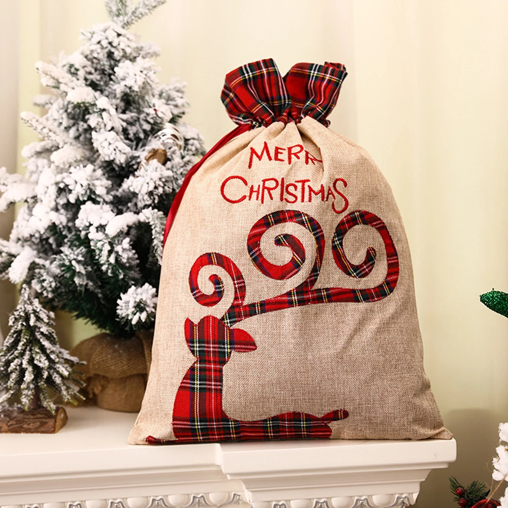 Large Christmas Gift Bag Drawstring Luxury Linen Packing Bag Elf Merry Christmas Accessories Xmas Decorations Goods - Image 5