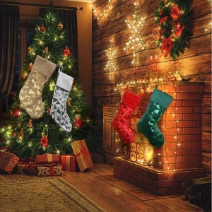 Large Christmas Stockings 4 Pack with Modern Geometric Print on Velvet Fabric Suitable for Holiday Use with Sturdy Hanging Loops
