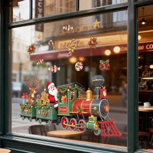 Large Removable Christmas Train Window Clings with Santa, Reindeer & Candy Cane Decorations PVC Stickers Holiday Party Decals