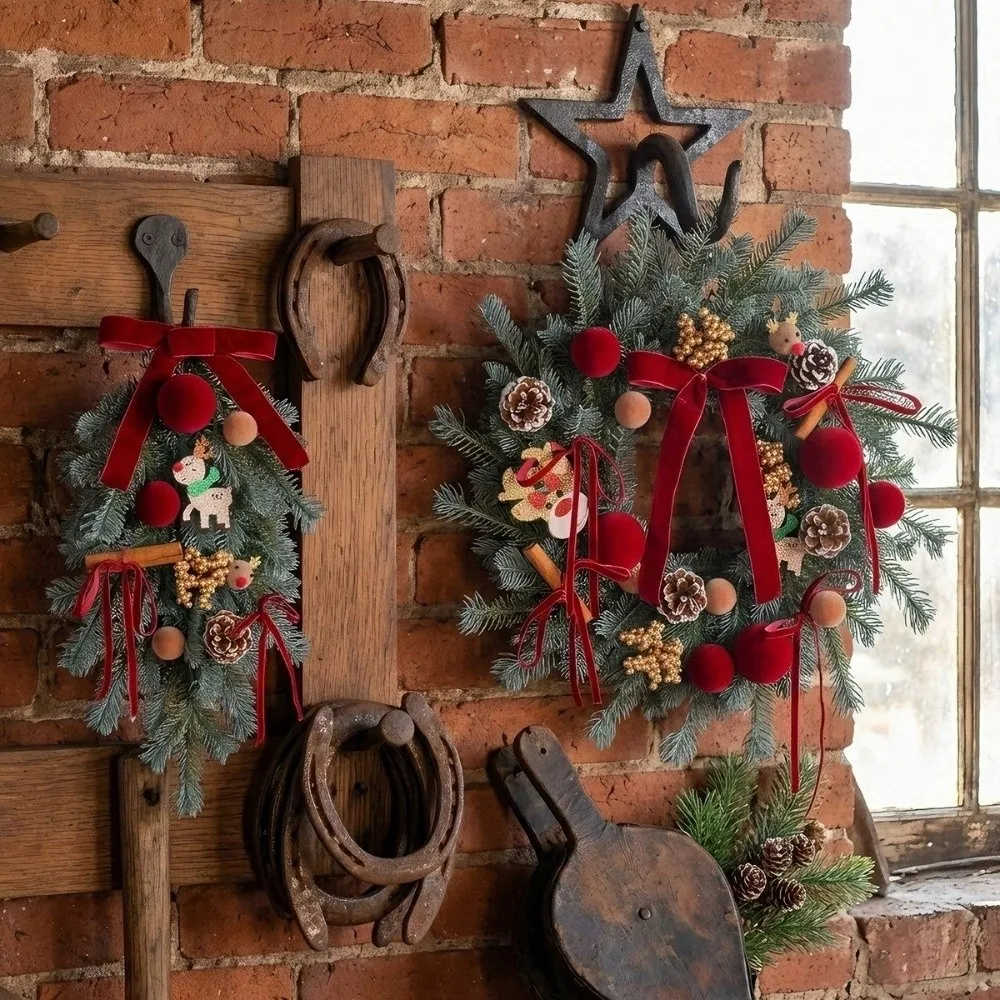 Lifelike Pine Needles Christmas Pine Cones Wreath Plush Ball with Velvet Bow Xmas Door Wreath Cartoon Elk Artificial Pine Swag - Image 4