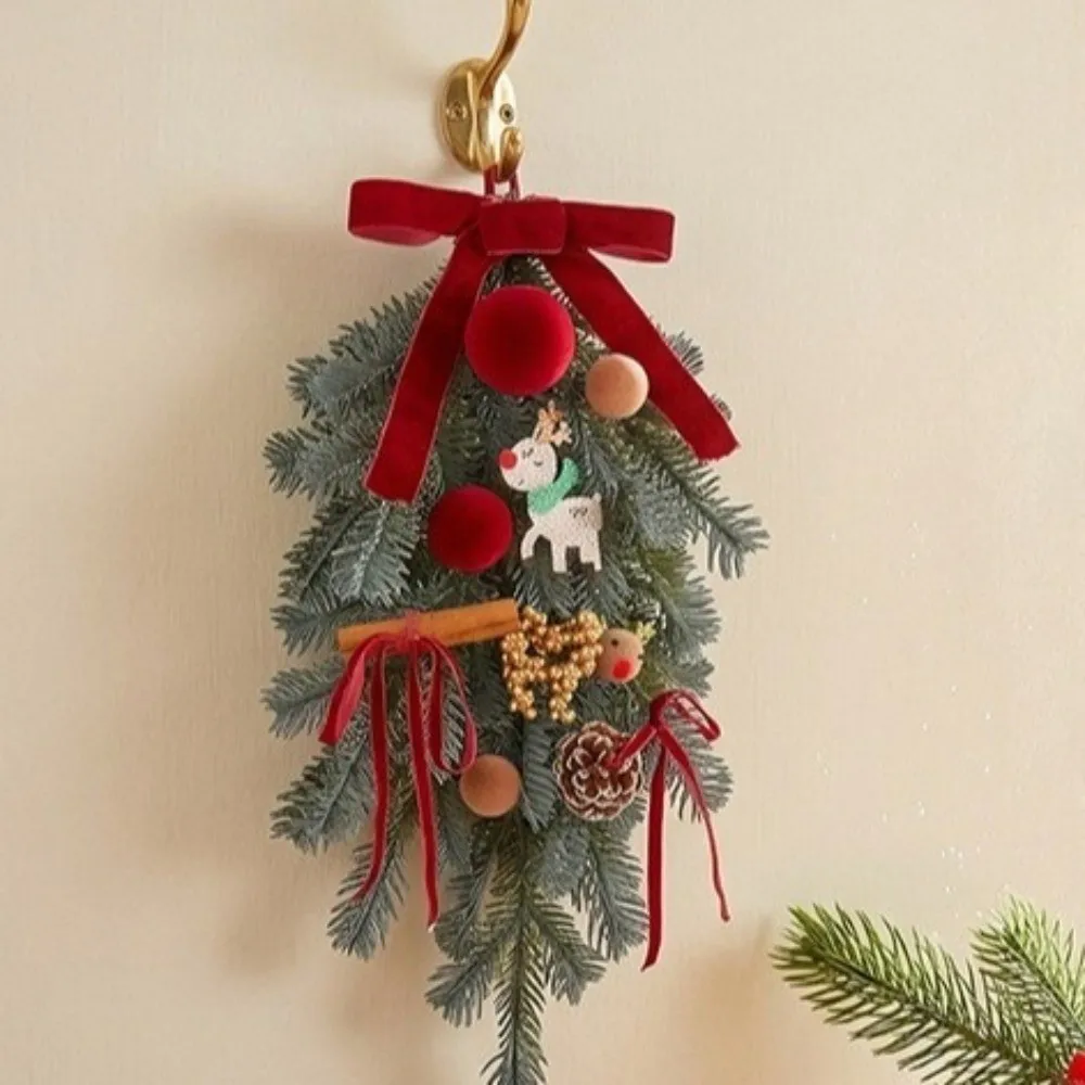 Lifelike Pine Needles Christmas Pine Cones Wreath Plush Ball with Velvet Bow Xmas Door Wreath Cartoon Elk Artificial Pine Swag - Image 2