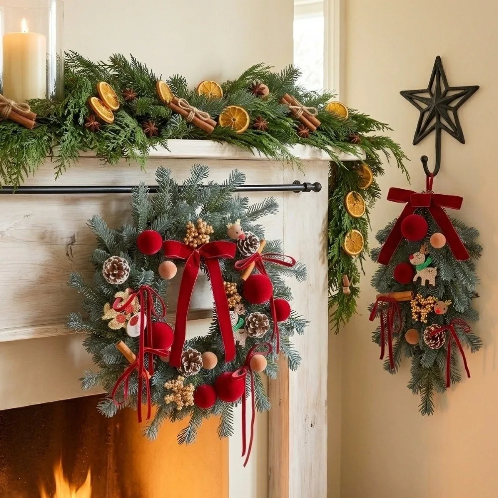 Lifelike Pine Needles Christmas Pine Cones Wreath Plush Ball with Velvet Bow Xmas Door Wreath Cartoon Elk Artificial Pine Swag - Image 5