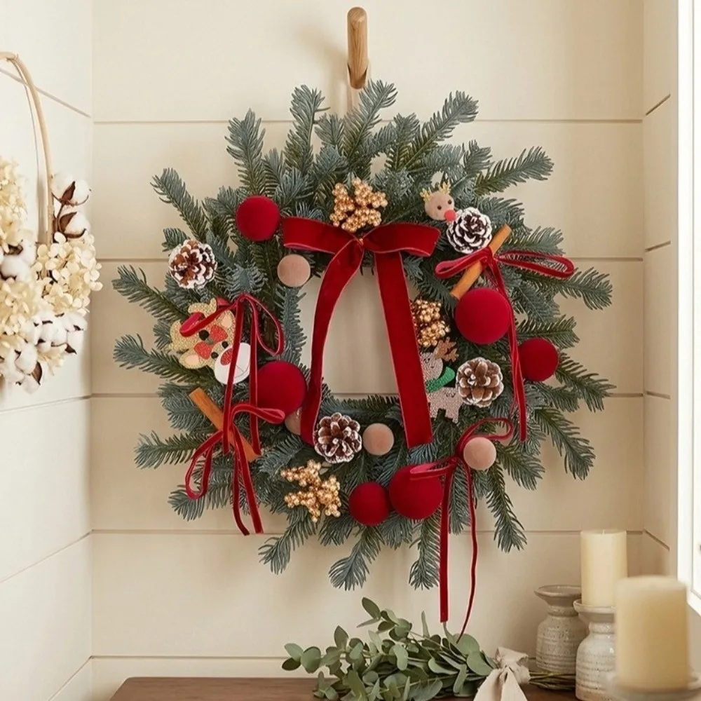 Lifelike Pine Needles Christmas Pine Cones Wreath Plush Ball with Velvet Bow Xmas Door Wreath Cartoon Elk Artificial Pine Swag - Image 3