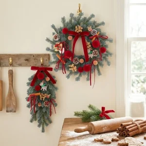 Lifelike Pine Needles Christmas Pine Cones Wreath Plush Ball with Velvet Bow Xmas Door Wreath Cartoon Elk Artificial Pine Swag