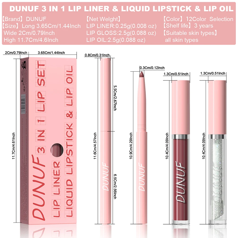 Lip Gloss Lip Liner Lip Oil 3pc/set: Matte Lipstick Waterproof Moisturizing Long Lasting Nude Y2K Christmas Valentine's Day Gift - Image 6