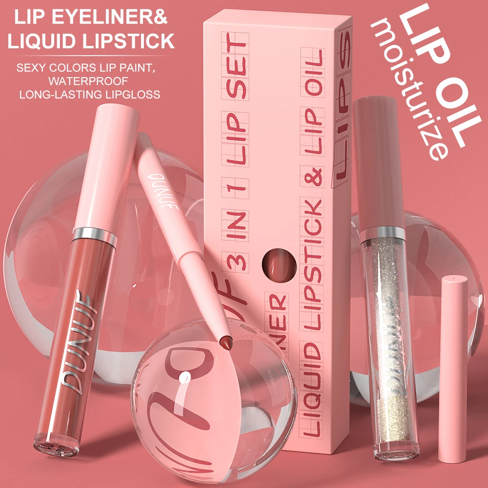 Lip Gloss Lip Liner Lip Oil 3pc/set: Matte Lipstick Waterproof Moisturizing Long Lasting Nude Y2K Christmas Valentine's Day Gift - Image 4