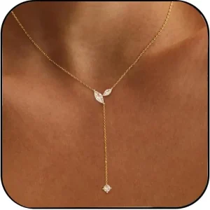 Long Gold Necklace for Women - Dainty Lariat Necklace 14K Gold CZ Y Shaped Teardrop Necklaces Prom Formal Summer Beach Jewelry