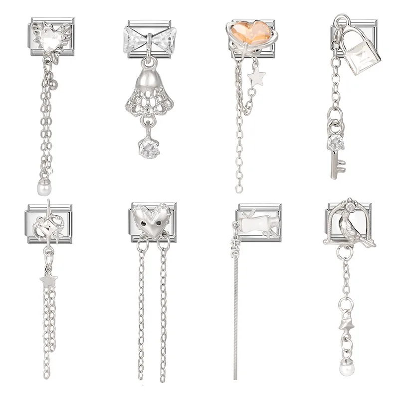 Long Tassel Heart Bow Knot Butterfly Zircon Italian Charm Links Fit 9mm Bracelet Stainless Steel DIY Jewelry Making Gifts - Image 2