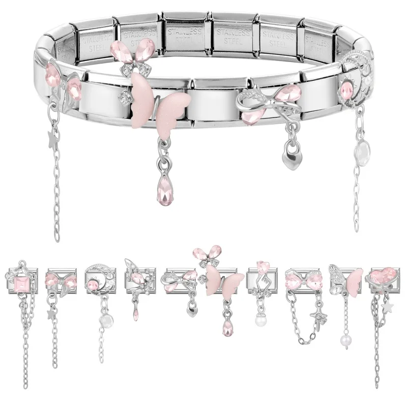 Long Tassel Heart Bow Knot Butterfly Zircon Italian Charm Links Fit 9mm Bracelet Stainless Steel DIY Jewelry Making Gifts - Image 4