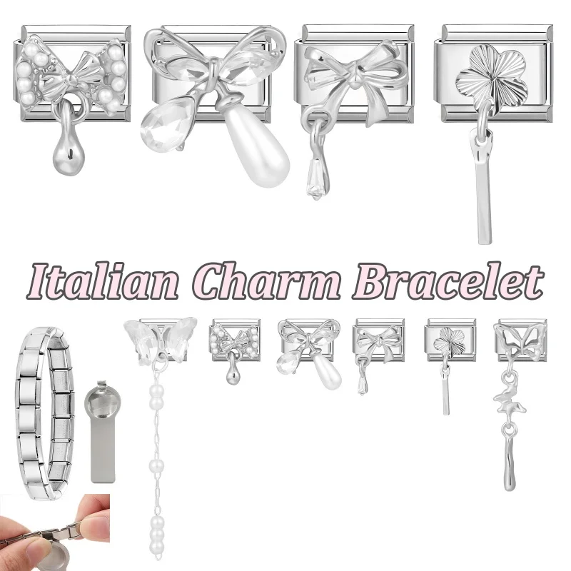 Long Tassel Heart Bow Knot Butterfly Zircon Italian Charm Links Fit 9mm Bracelet Stainless Steel DIY Jewelry Making Gifts - Image 3