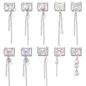 Long Tassel Heart Bow Knot Butterfly Zircon Italian Charm Links Fit 9mm Bracelet Stainless Steel DIY Jewelry Making Gifts