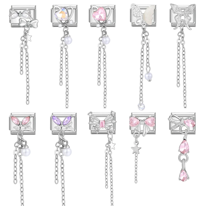 Long Tassel Heart Bow Knot Butterfly Zircon Italian Charm Links Fit 9mm Bracelet Stainless Steel DIY Jewelry Making Gifts