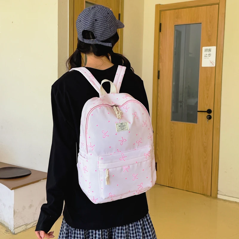 Lovely Fresh Bowknot Print Teen Backpack, Ultra Light Spacious Versatile School Bag for Daily Campus Life Outdoor Trips - Image 5
