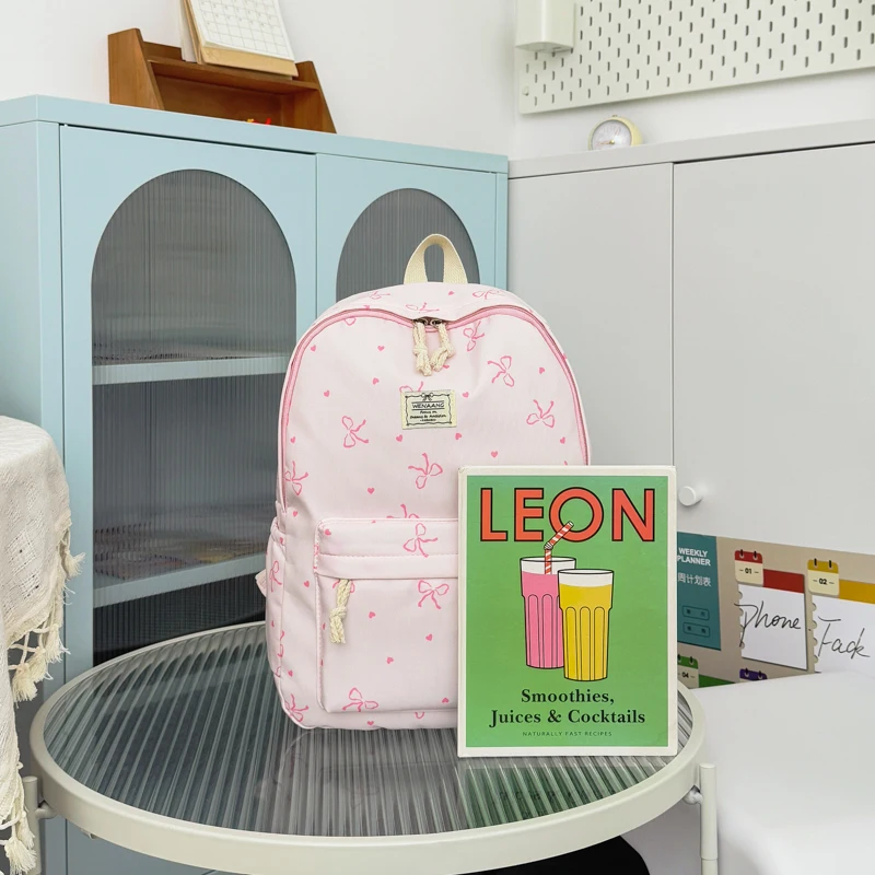 Lovely Fresh Bowknot Print Teen Backpack, Ultra Light Spacious Versatile School Bag for Daily Campus Life Outdoor Trips - Image 3