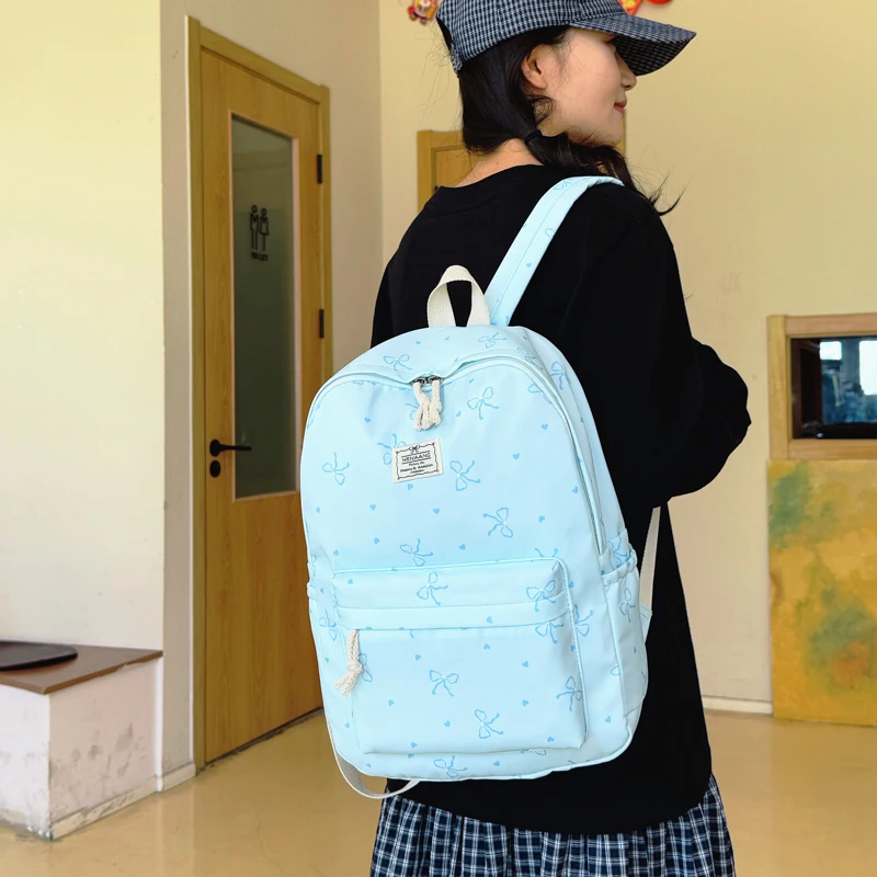 Lovely Fresh Bowknot Print Teen Backpack, Ultra Light Spacious Versatile School Bag for Daily Campus Life Outdoor Trips - Image 6