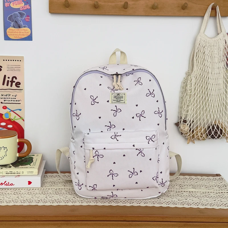 Lovely Fresh Bowknot Print Teen Backpack, Ultra Light Spacious Versatile School Bag for Daily Campus Life Outdoor Trips - Image 4
