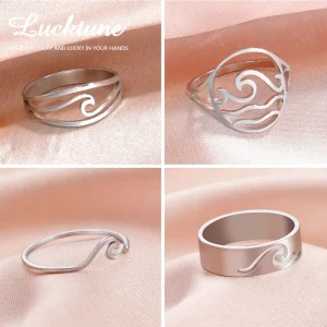 Lucktune Simple Sea Wave Rings for Women Stainless Steel Trendy Geometric Ocean Surf Finger Rings Jewelry Wedding Mother's Gifts
