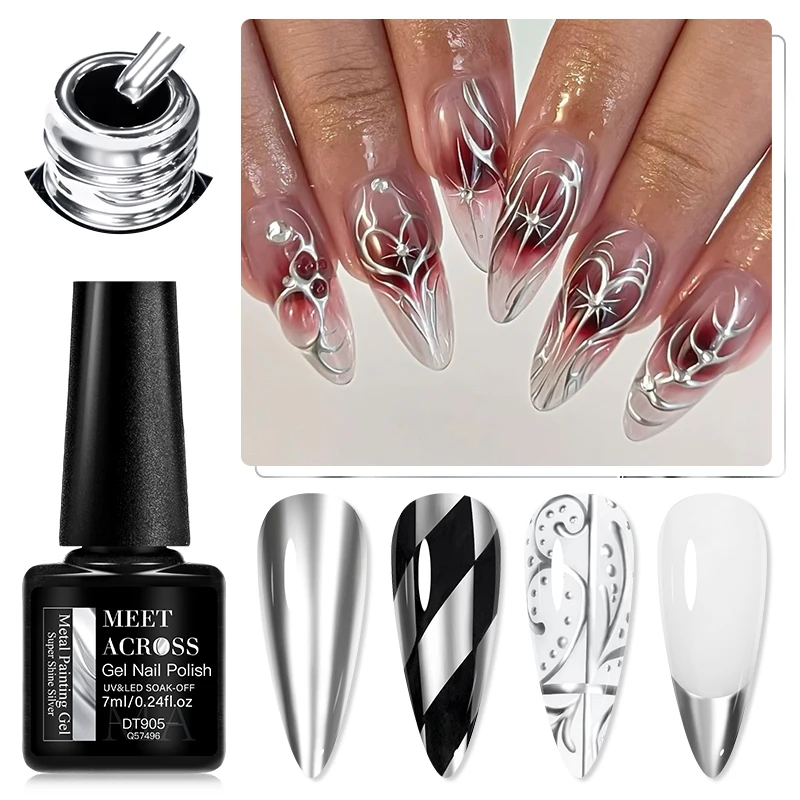 MEET ACROSS Metallic Silver Gel Nail Polish 7ML Semi Permanent UV Super Shine Mirror Chrome Draw Painting Gel Varnish Nail Art - Image 2