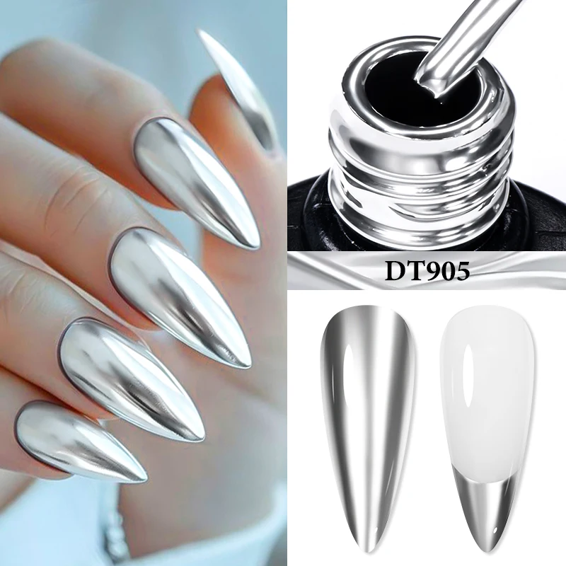 MEET ACROSS Metallic Silver Gel Nail Polish 7ML Semi Permanent UV Super Shine Mirror Chrome Draw Painting Gel Varnish Nail Art