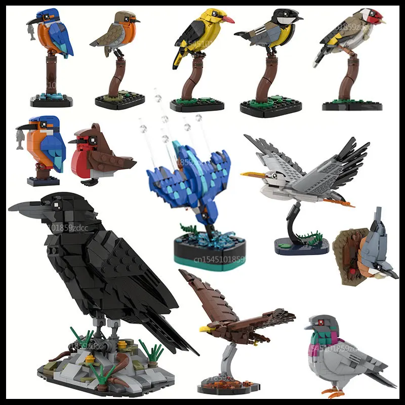 MOC Animal Bird Raven Kingfisher Feral Pigeon Model Building Blocks Set Robin Eagle Assembly Bricks Toys Birthday Xmas Gifts