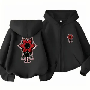 Man Eating Flower Children Hoodie Zip Up Cardigan Tops Print Pattern Girl Pink Boy Black Coat Hoodies Kid 3-12 Year
