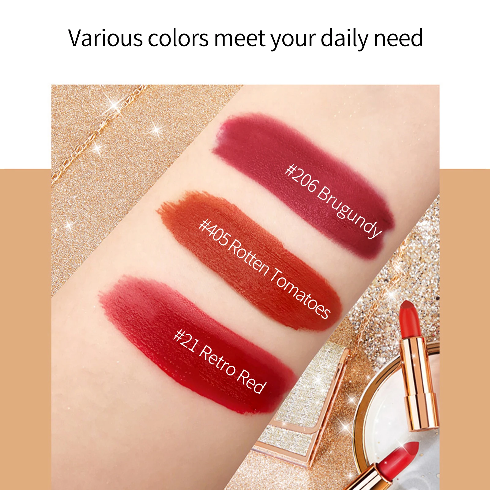 Matte Lipstick Set 3 Colours with Silver Chain Bag Waterproof Non-Stick Long Lasting Makeup Red 3.5gx3pcs for Women and Girls - Image 5