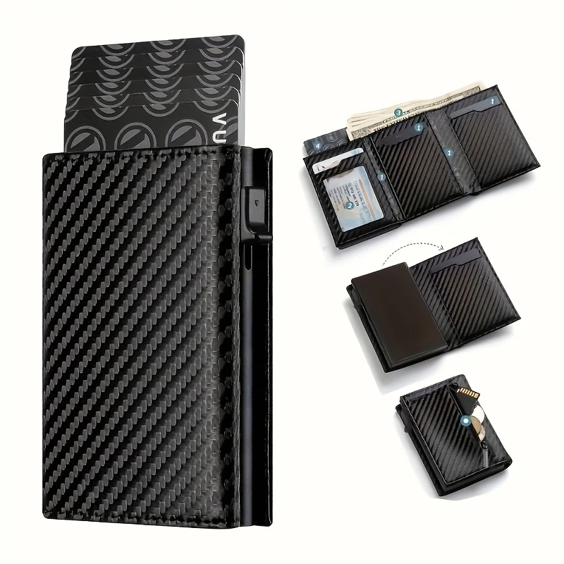 Men's Wallet with Zipper Coin Purse Automatic Pop-up Metal Credit Card Holder Minimalist RFID Blocking Business Card Wallet Idea