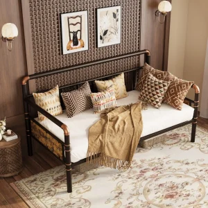 Metal Daybed Frame Twin Size, Heavy Duty Day Bed with Classic Headboard and Steel Slat Support, Sofa Bed Platform for Living Room Guest Room, No Box Spring Needed，Brown