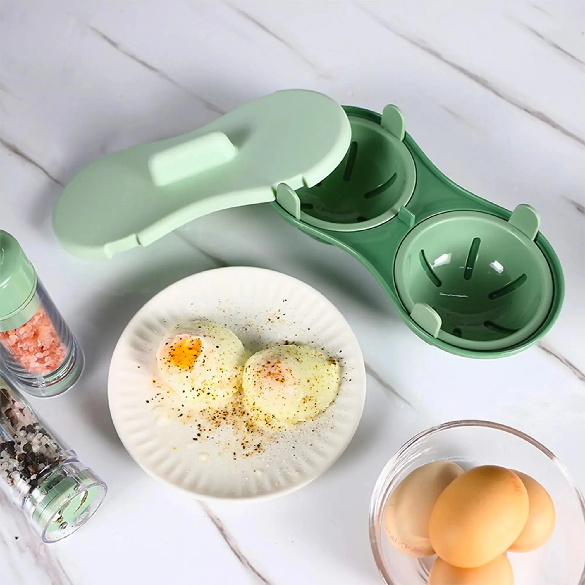 Microwave Egg Poacher Efficient Microwave Double Egg Poacher Cook Poached Eggs with Detachable Drain Basket Heat for Kitchen - Image 2