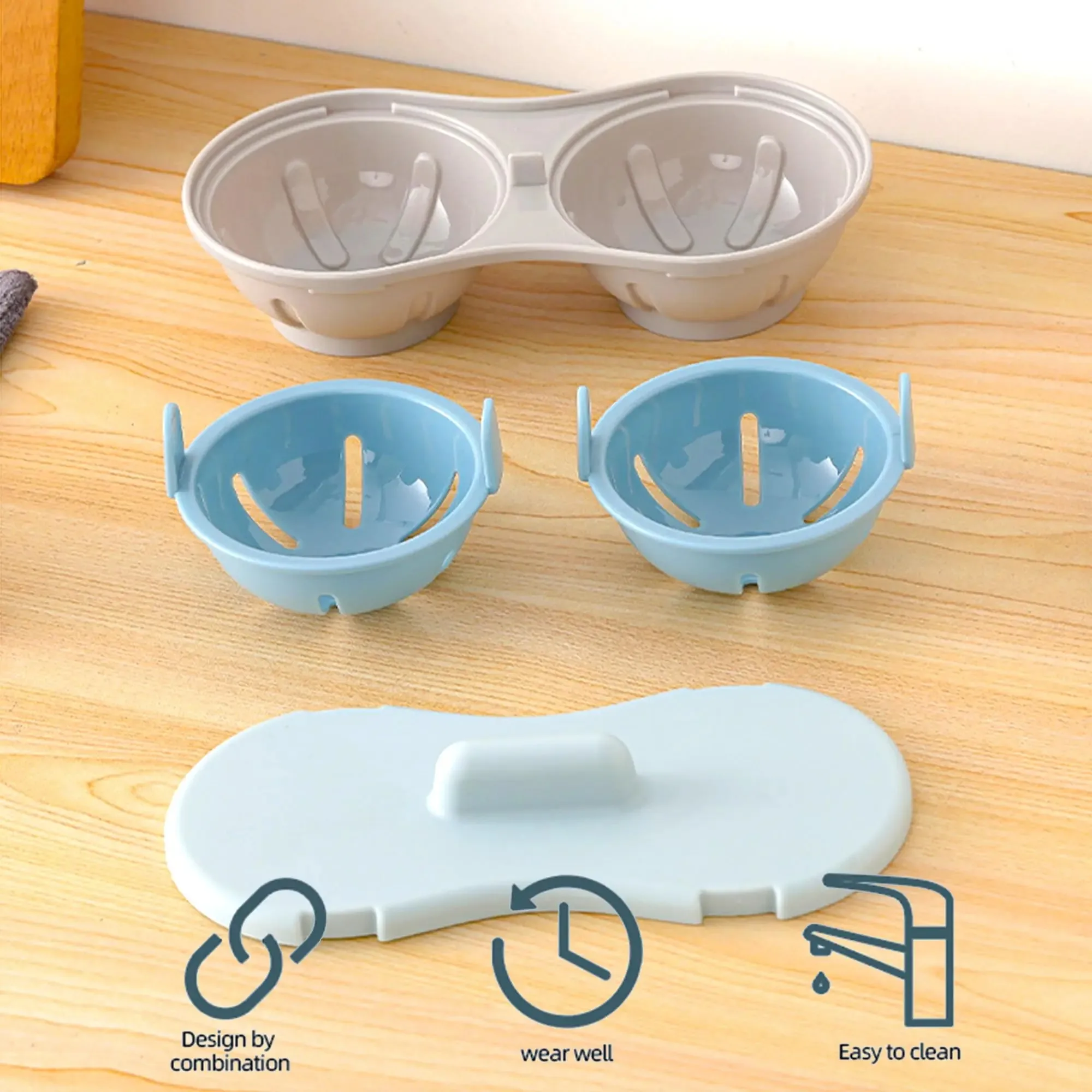 Microwave Egg Poacher Efficient Microwave Double Egg Poacher Cook Poached Eggs with Detachable Drain Basket Heat for Kitchen - Image 3