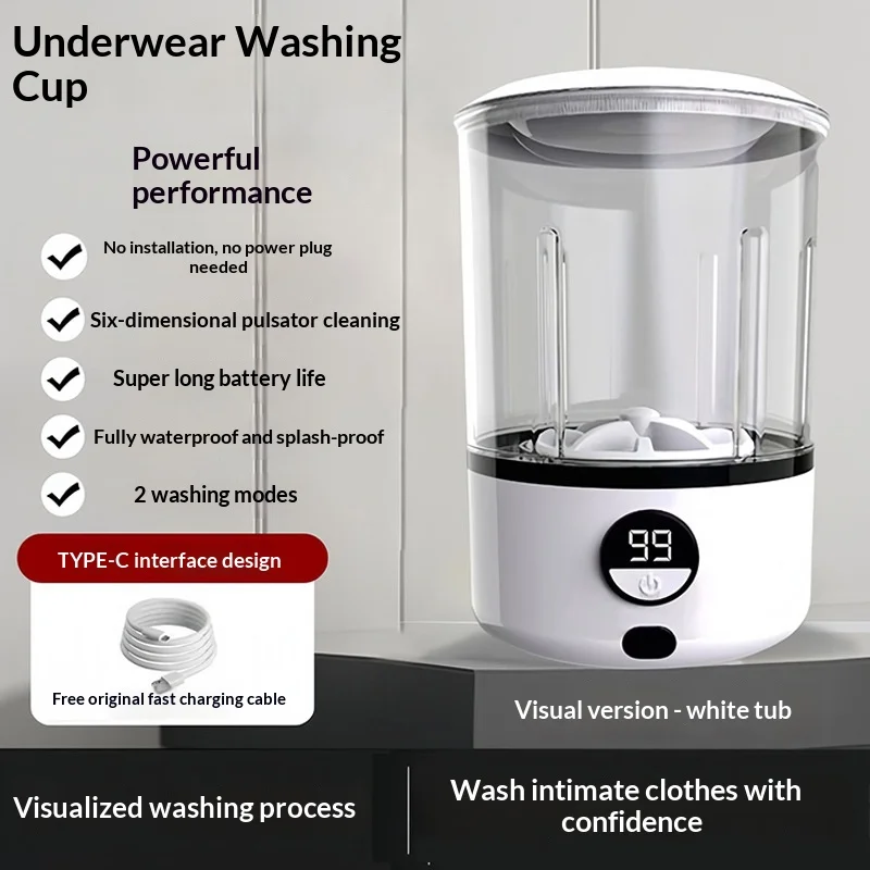 Mini Portable LED Washing Machine 2L White 2000mAh Rechargeable Turbine Laundry Cup for Children’s Underwear Socks