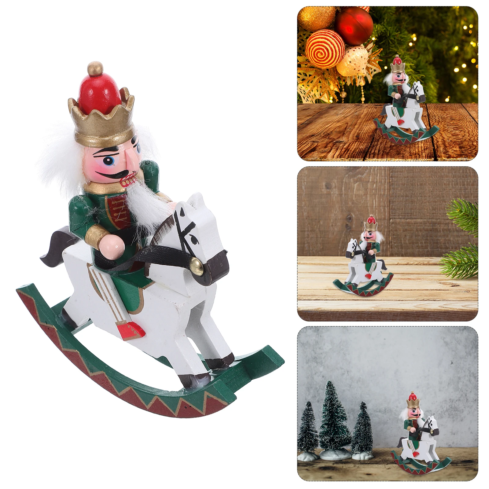 Mini Wooden Nutcracker Rocking Horse Handcrafted Christmas Decor Desktop Tiered Tray Holiday Nutcracker Ornament