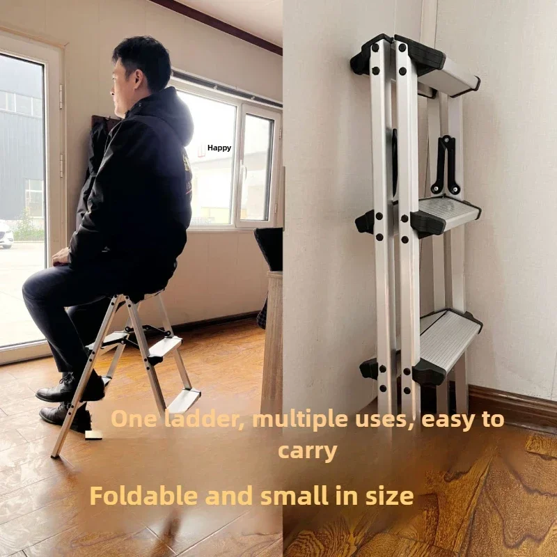 Minimalist Wide double-sided herringbone ladder folding household extension ladder shrinking aluminum alloy lifting stairs - Image 5