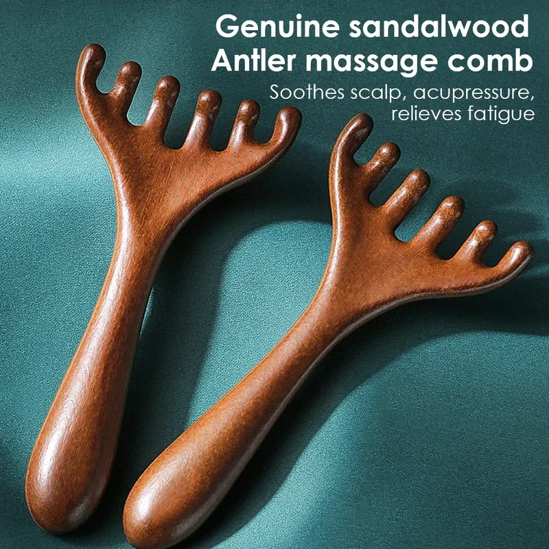 Natural Golden Sandalwood Five-Claw Scalp Massager Gua Sha Tool Back Scratcher Spa Handheld Meridian Massage Comb Hair Care - Image 2