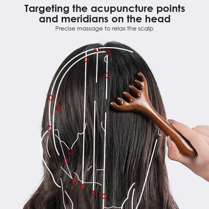 Natural Golden Sandalwood Five-Claw Scalp Massager Gua Sha Tool Back Scratcher Spa Handheld Meridian Massage Comb Hair Care - Image 3