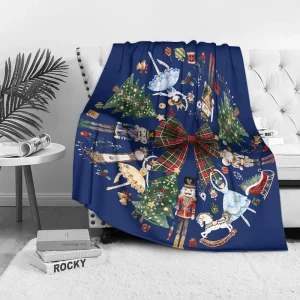 Navy Blue Christmas Fleece Blanket with Giant Plaid Bow, Nutcracker Ballet Dancer Pattern, Festive Throw for Holiday Decor