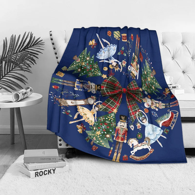 Navy Blue Christmas Fleece Blanket with Giant Plaid Bow, Nutcracker Ballet Dancer Pattern, Festive Throw for Holiday Decor