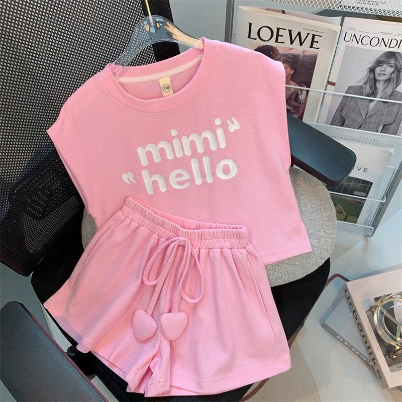 New 4 -14 Years Summer Girls Clothing Set Letter Print Sleeveless T-shirt + Heart Shorts Pants 2pcs Suit Kids Leisure Outfit - Image 2