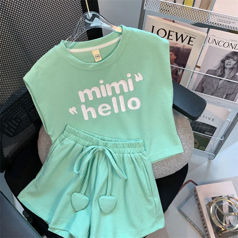 New 4 -14 Years Summer Girls Clothing Set Letter Print Sleeveless T-shirt + Heart Shorts Pants 2pcs Suit Kids Leisure Outfit - Image 3