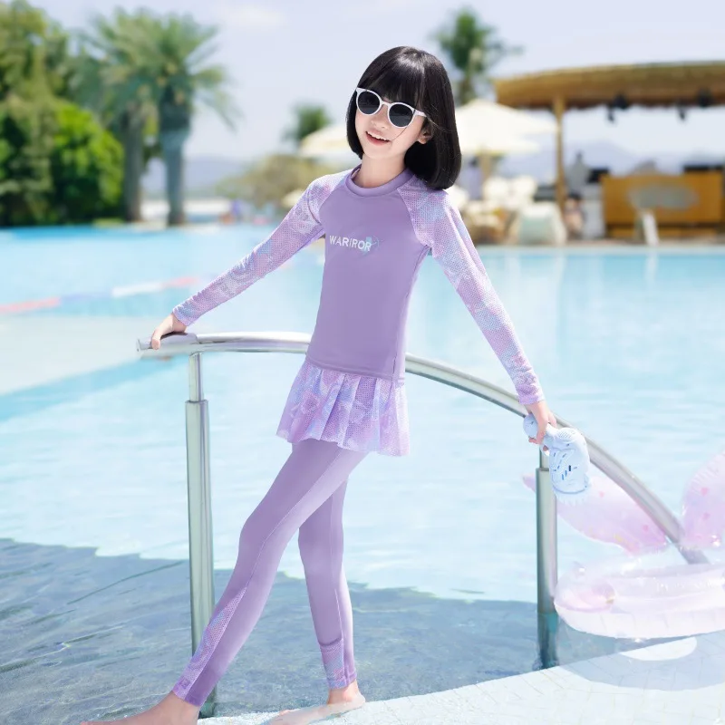 New Girls Fashion Swimsuit Sets Kids Long Sleeve Letter Top + Pants + Skirt 3Pcs for Kids 5-12 Years Split Swimming Clothes - Image 2