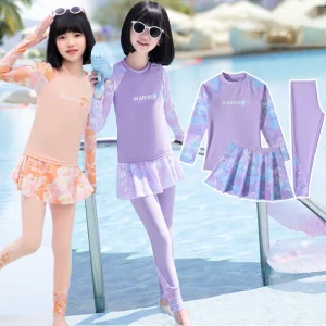 New Girls Fashion Swimsuit Sets Kids Long Sleeve Letter Top + Pants + Skirt 3Pcs for Kids 5-12 Years Split Swimming Clothes