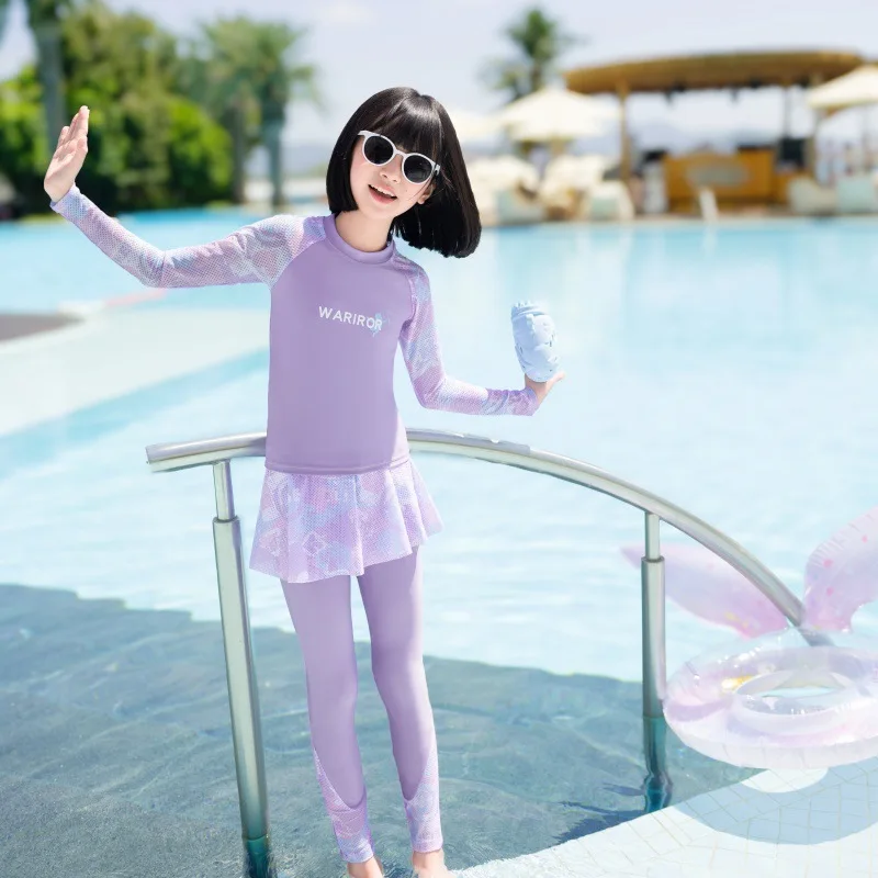 New Girls Fashion Swimsuit Sets Kids Long Sleeve Letter Top + Pants + Skirt 3Pcs for Kids 5-12 Years Split Swimming Clothes - Image 4