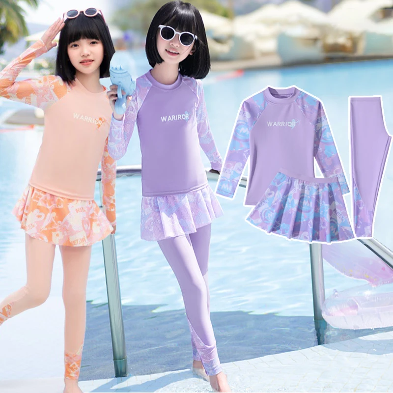 New Girls Fashion Swimsuit Sets Kids Long Sleeve Letter Top + Pants + Skirt 3Pcs for Kids 5-12 Years Split Swimming Clothes