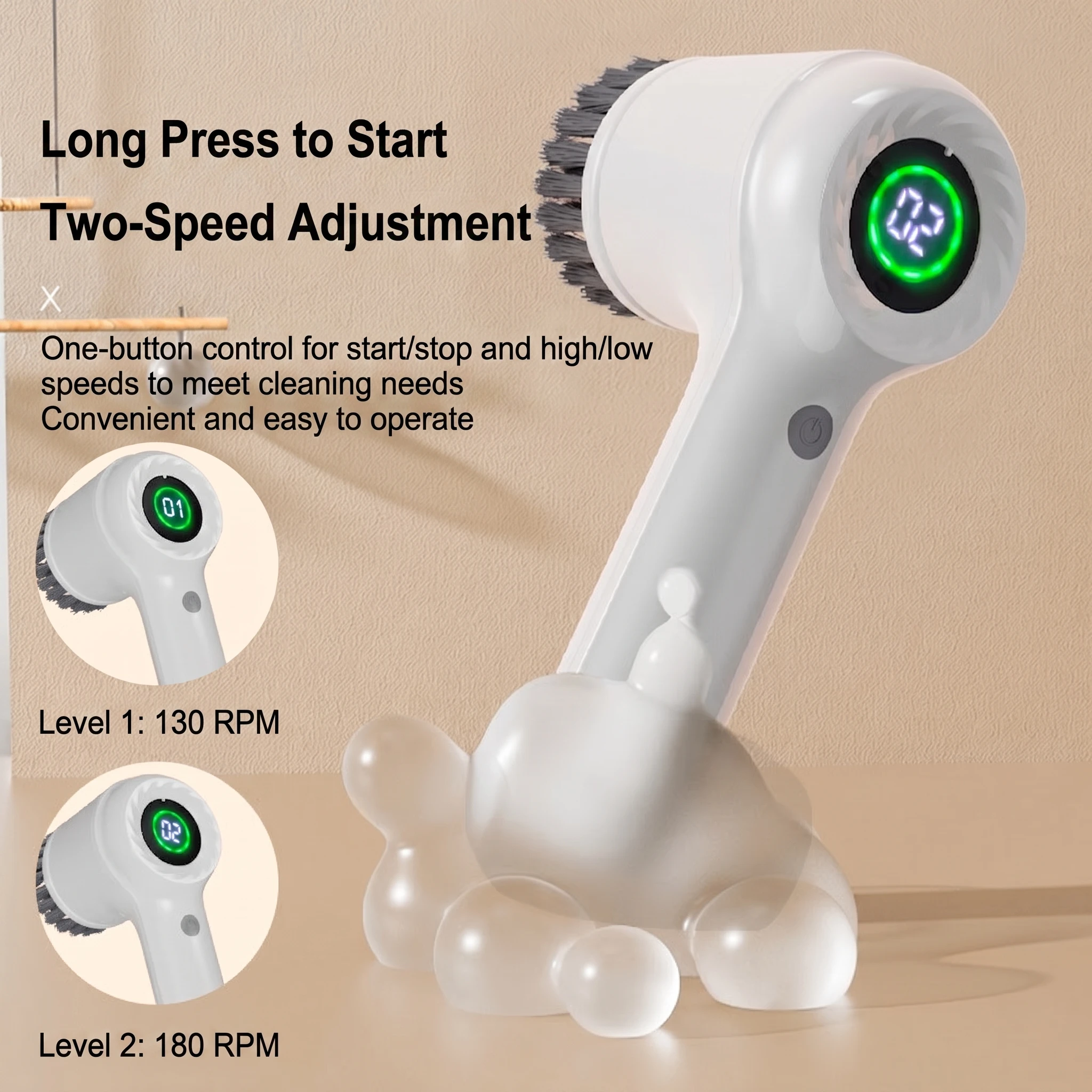 New Household Kitchen 2nd Gear Electric Spin Scrubber Cordless Shower Room Scrubber Cleaning Brush with 4 Replaceable Brush Head - Image 2