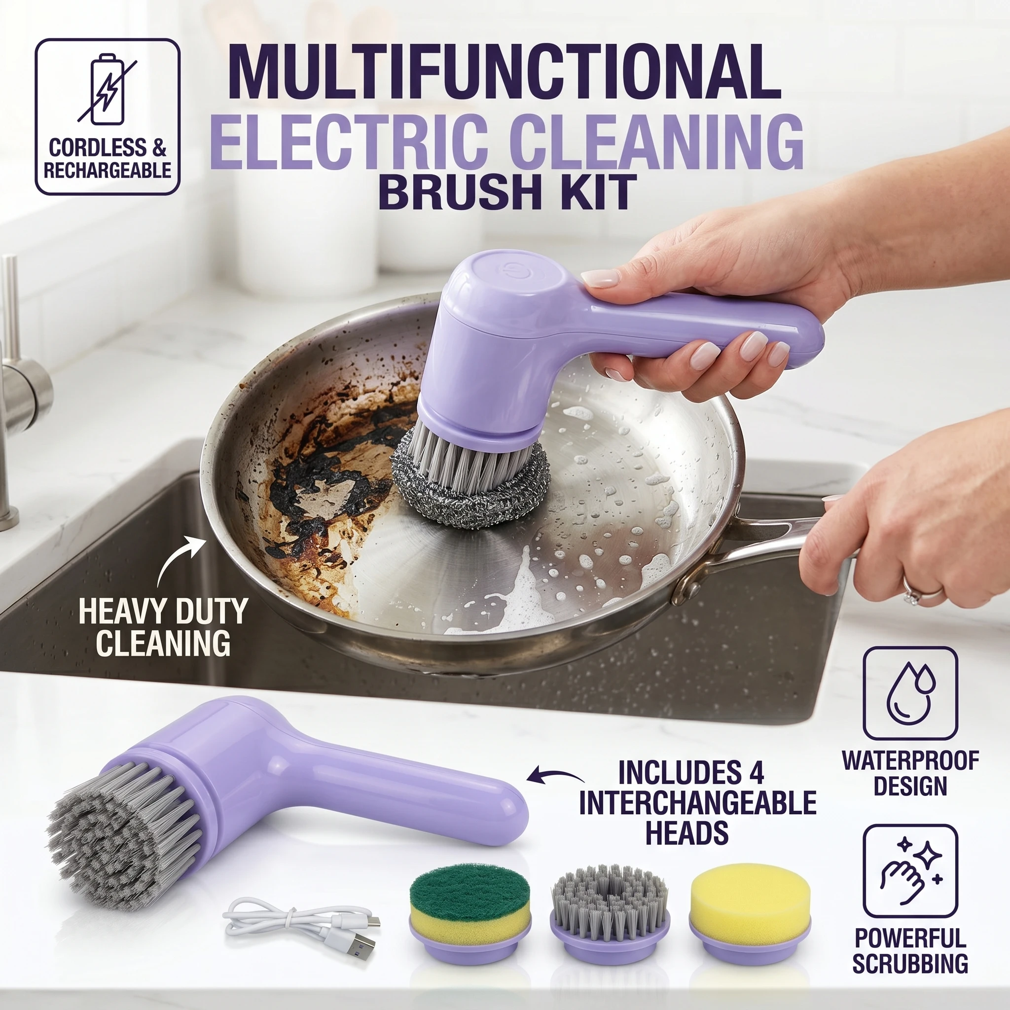 New Household Kitchen 2nd Gear Electric Spin Scrubber Cordless Shower Room Scrubber Cleaning Brush with 4 Replaceable Brush Head - Image 5