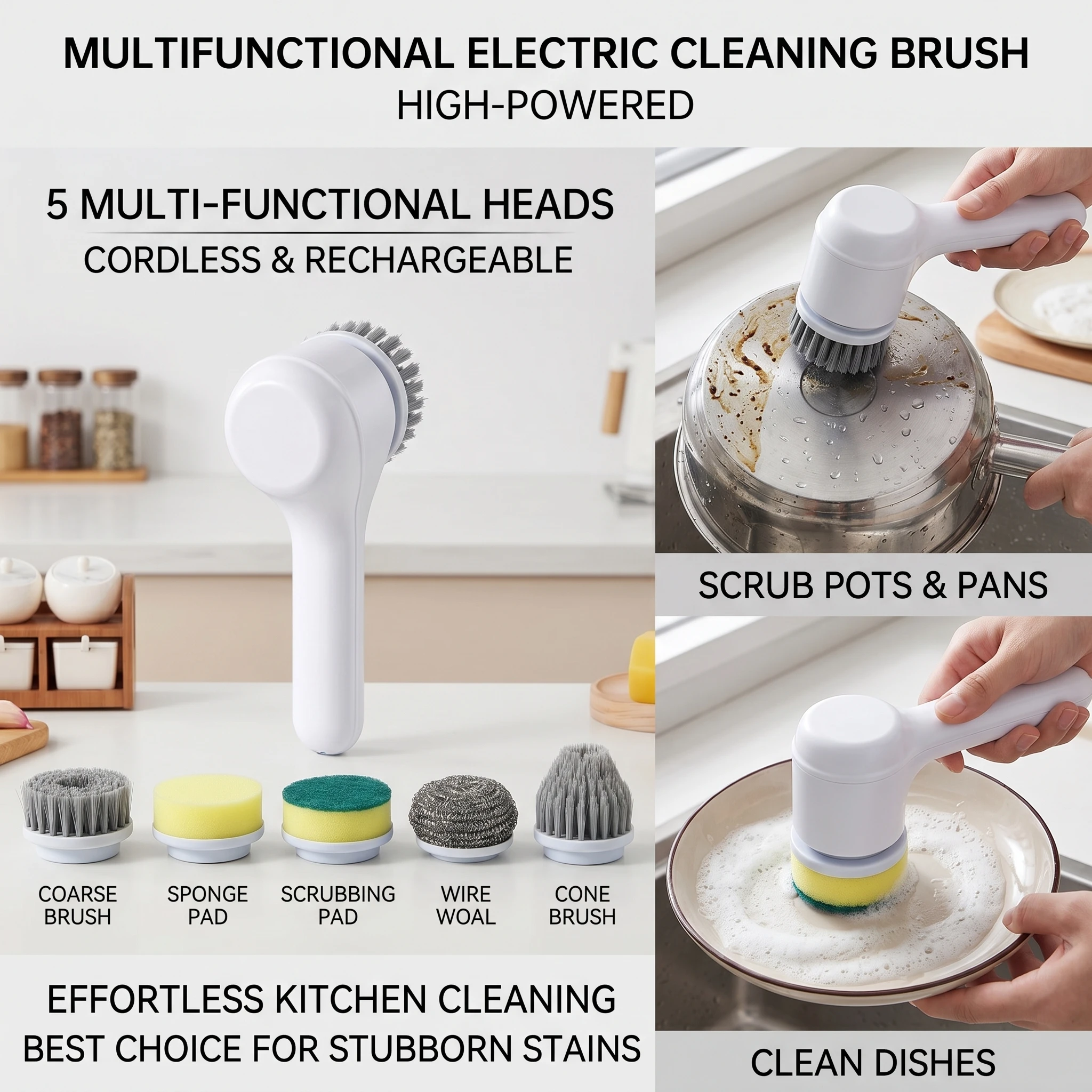 New Household Kitchen 2nd Gear Electric Spin Scrubber Cordless Shower Room Scrubber Cleaning Brush with 4 Replaceable Brush Head